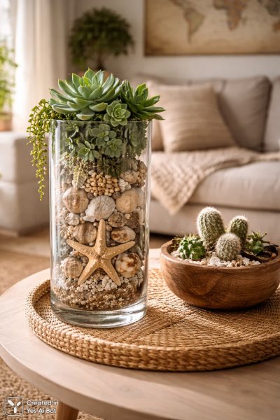 Морская стихия в интерьере бохо: ракушки, кактусы и сочные растения. Изображение из нейросети Sora Images
