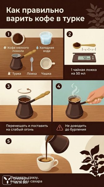 Иллюстрация: идеальный кофе в турке шаг за шагом для домашнего приготовления напитка. Изображение из нейросети Nano-Banana