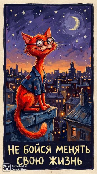 Кот на крыше: наивный экспрессионизм и городские огни в закатном свете. Нейросеть NanoBanana