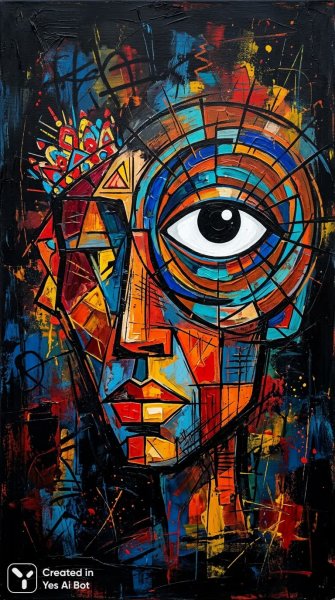 Яркий портрет в стиле кубизма и пэчворк: абстракция с акцентом на взгляд. Нейронная сеть Nano-Banana