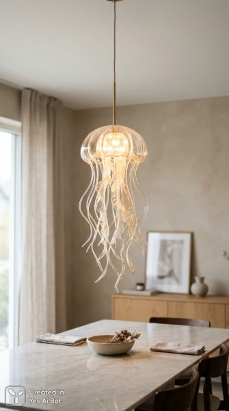 Изящная люстра из стекла и медуз, создающая уютную атмосферу. Генерация из нейросети NanoBanana