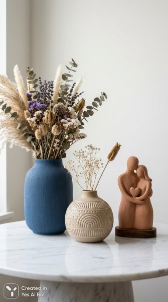 Современный декор: вазы, цветы и скульптура в стиле минимализм. Генерация из нейросети Nano Banana