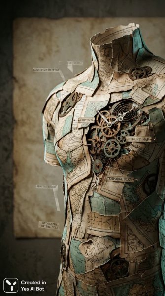 Сломанное время: коллаж из карт и механизмов в сепии и бирюзе. Изображение из нейросети NanoBanana