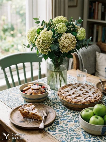 Уютный натюрморт: пироги, яблоки и нежные гортензии на столе. Картинка из нейронной сети Nano Banana