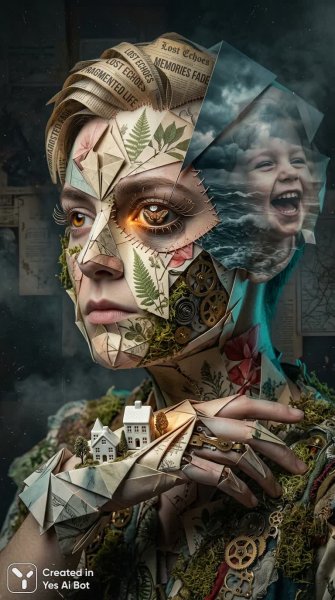 Лицо из бумаги и памяти: сюрреалистичный портрет фрагментированной души. Нейросеть Nano-Banana