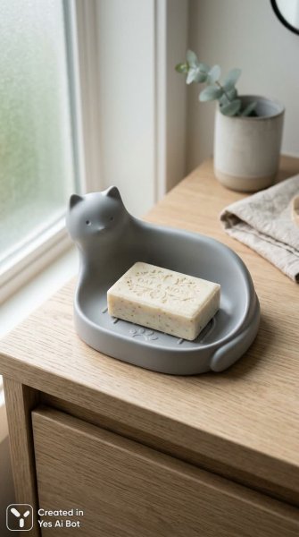 Изящная мыльница в форме кошки – минималистичный дизайн для ванной комнаты. Картинка из нейросети Нано Банана