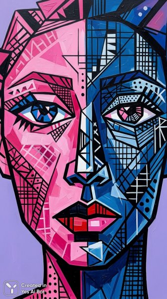 Подробнее о "Абстрактный портрет в стиле Пикассо с геометрическими узорами и яркими цветами. Изображение из нейронной сети Nano-Banana"