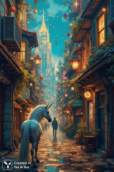 Загадочный единорог в сказочном мире: встреча в темном переулке. Нейронная сеть Flux Ai
