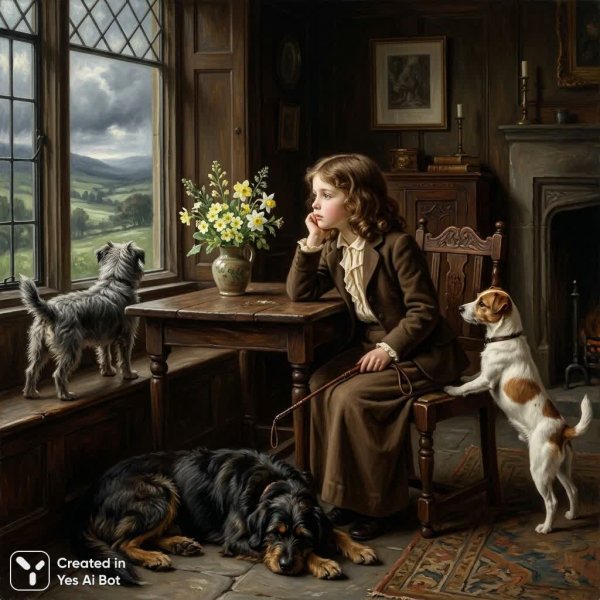 Задумчивый взгляд из окна: девочка и верные собаки в туманном пейзаже. Изображение из нейронной сети Nano-Banana