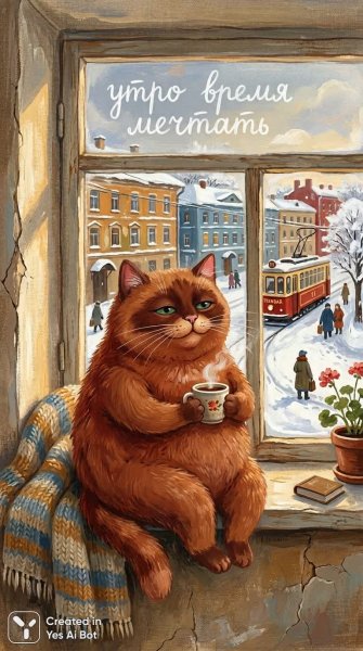 Уютное утро рыжего кота с чашкой горячего напитка. Нейросеть Nano Banana