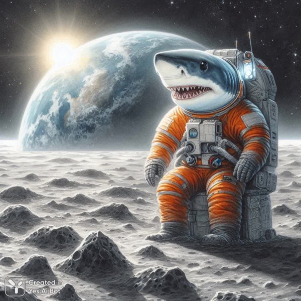 Акула-астронавт на Луне: удивительный шедевр в технике акварели и графита. Нейросеть Dalle 3