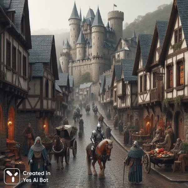 Средневековый город под дождем: жизнь и воины в фэнтезийном сеттинге. Изображение из нейронной сети Dalle-3