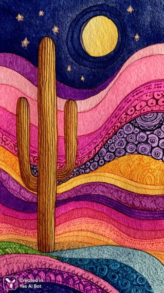 Пустынный пейзаж в стиле наивного искусства с кактусом и звездным небом. Нейронная сеть Midjourney
