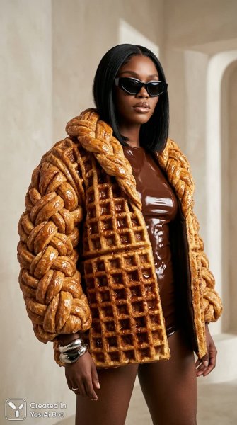 Шоколадная мода будущего: текстуры плетения и глазури в стильном образе. Изображение из нейронной сети Нано Банана