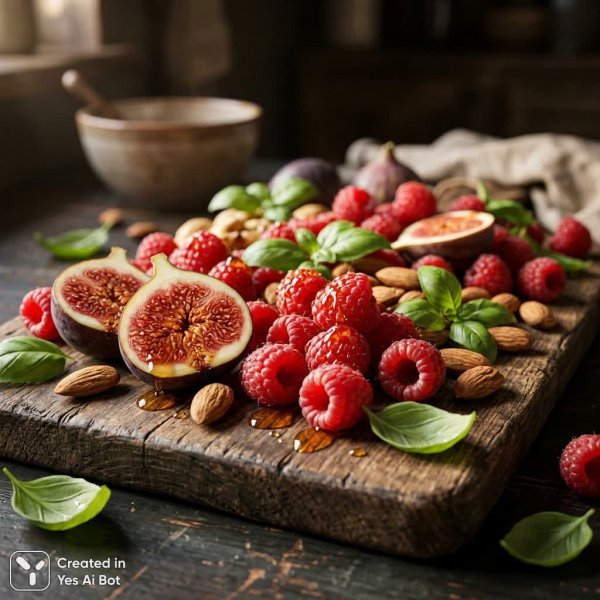 Яркий летний десерт с ягодами и орехами на деревянной доске. Нейронная сеть NanoBanana