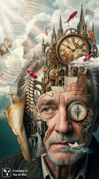 Лицо времени: архитектура памяти и ускользающая реальность в сюрреалистичном коллаже. Картинка из нейросети NanoBanana