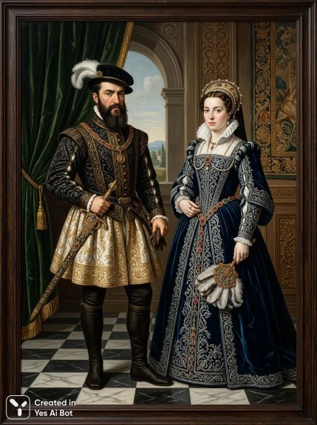 Портрет эпохи Возрождения: Встреча двух утонченных особ в роскошном интерьере. Генерация из нейронной сети Nano Banana