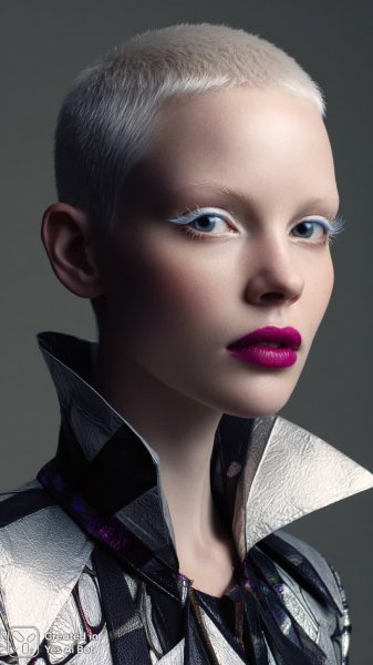 Неоновая красота: Альбинос в авангардном образе для глянцевого журнала. Изображение из нейронной сети Midjourney