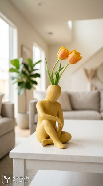 Задумчивая фигура с тюльпанами: керамическая ваза в минималистичном интерьере. Изображение из нейросети Нано Банана