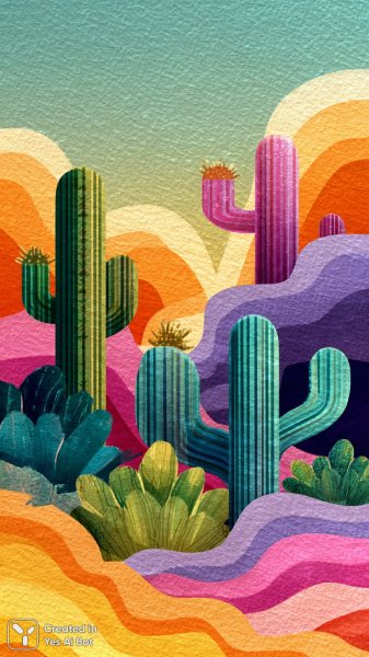 Яркий абстрактный пейзаж с кактусами и этническими мотивами. Нейронная сеть Midjourney