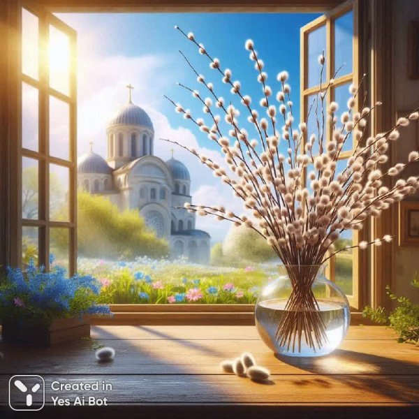 Весеннее утро: Верба, солнечный свет и старинный город. Картинка из нейронной сети Dalle 3