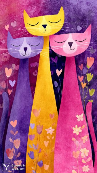 Забавные коты в цветочной лужайке: яркий и милый мультфильм. Картинка из нейронной сети Миджорни