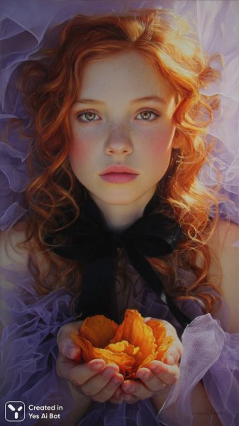 Очаровательная девушка в лиловом платье с огненными локонами и апельсиновым цветком. Нейронная сеть Midjourney
