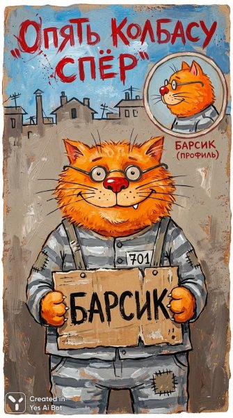 Коварный кот Барсик и украденная колбаса. Генерация из нейросети NanoBanana