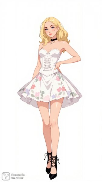 Элегантный образ в белом платье с цветочным принтом и черными туфельками. Изображение из нейросети Flux 1