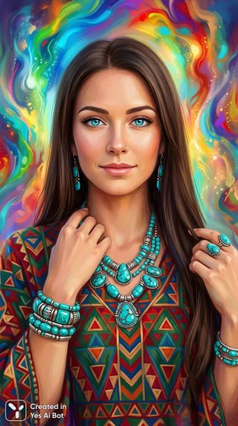 Портрет женщины с каштановыми волосами и голубыми глазами в ярком цифровом стиле. Нейросеть Nano-Banana