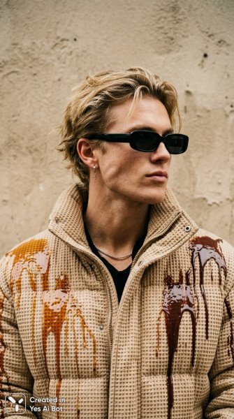 Подробнее о "Модный портрет: парень в объемном пуховике с шоколадными подтеками и стильными аксессуарами. Генерация из нейросети NanoBanana"