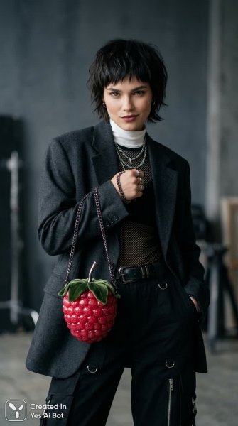 Современный шик: дерзкий образ с ягодной деталью в стиле модной фотографии. Изображение из нейронной сети Nano Banana