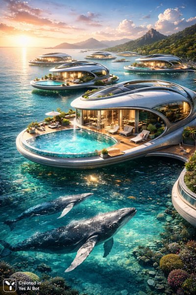 Морская архитектура: Футуристические отели и дизайн будущего. Изображение из нейросети Sora Images