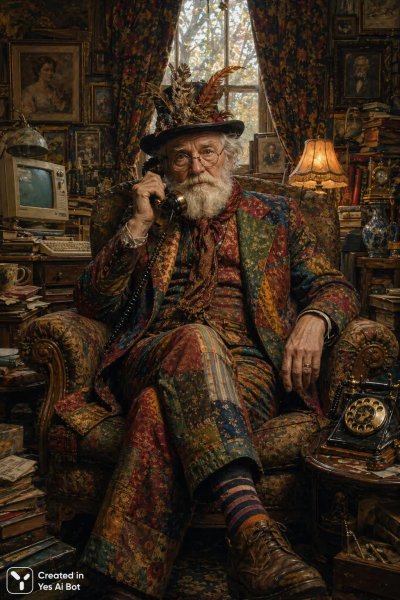 Старик в ярком костюме и захламлённом кабинете с портретами и старинным телефоном. Изображение из нейронной сети Sora images Ai