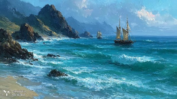 Борьба с бурей: корабли на фоне дикого побережья и мрачного холма. Генерация из нейросети Миджорни