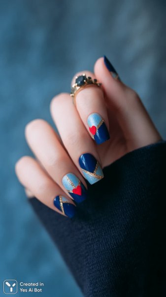 Геометрическая элегантность: синий маникюр с золотым акцентом и сердечками. Картинка из нейросети Midjourney