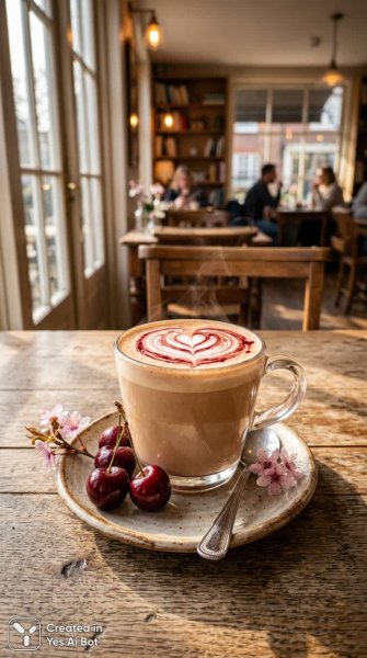 Уютное утро: кофе с вишней и нежная латте-арт в стиле кино. Нейросеть Нано Банана