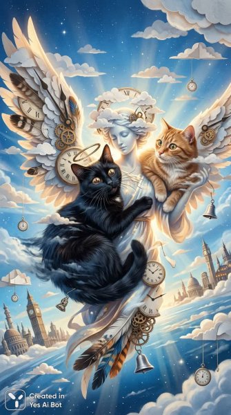Небесная кошачья симфония: сюрреалистичный портрет в небесных объятиях времени и грез. Нейронная сеть Nano-Banana