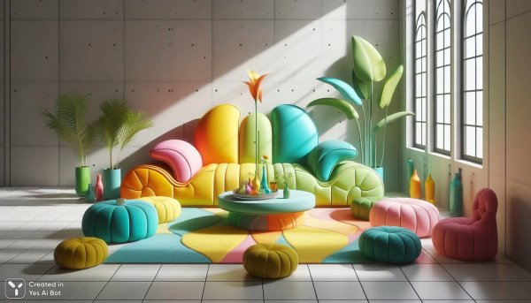 Дофаминовая гостиная: яркий диван и уютный декор. Нейросеть Dalle 3