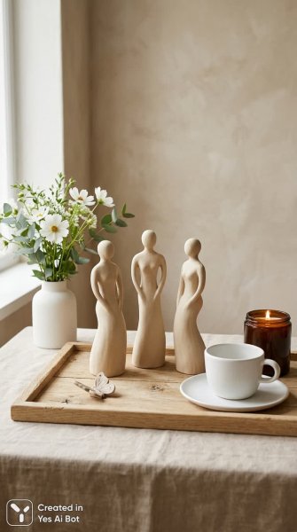 Минимализм в керамике: фигуры, цветы и уютный фон. Картинка из нейронной сети Нано Банана
