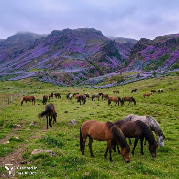 Поле лошадей и фиолетовые цветы у подножия горы. Картинка из нейронной сети NanoBanana