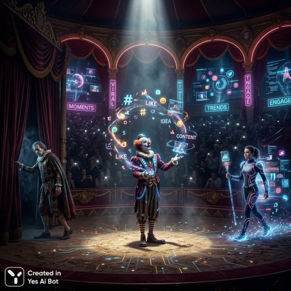 Цирк смыслов: пиксели, поколения и цифровое творчество. Изображение из нейросети Nano Banana