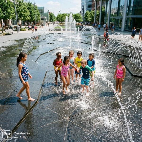 Дети и фонтан: летнее веселье в ярких красках. Изображение из нейросети Nano-Banana