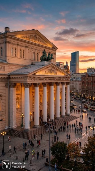 Величественный Большой театр на закате в Москве. Изображение из нейросети Нано Банана