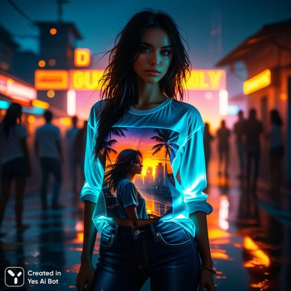 Неоновый танец: соблазнительный силуэт в стиле киберпанк с двойной экспозицией. Генерация из нейронной сети Stable Diffusion