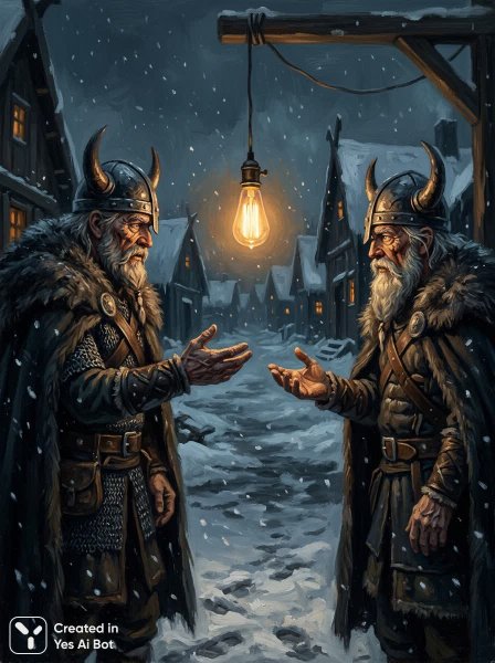 Викинги и свет: таинственная встреча в заснеженной деревне. Генерация из нейронной сети Nano Banana