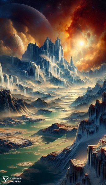 Загадочный пейзаж Титана: ледяные горы и метановые реки. Изображение из нейросети Dalle