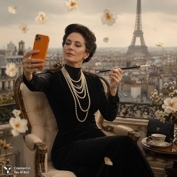 Парижская элегантность: селфи в лучах ностальгической роскоши и величия Эйфелевой башни. Картинка из нейронной сети Sora Ai Images