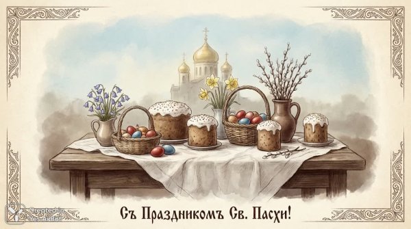Пасхальная нежность: акварель в стиле ретро позабытых времен и золотые купола храма. Изображение из нейросети NanoBanana