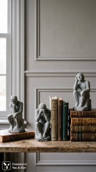 Минимализм и размышления: каменные статуэтки среди старинных книг. Изображение из нейросети Nano-Banana